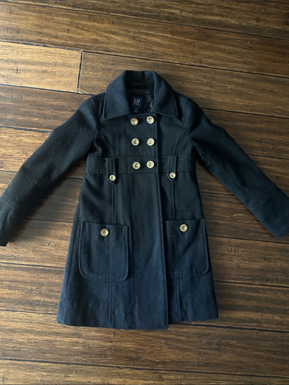 GAP Black Double-Breasted Pea Coat with Gold Buttons
